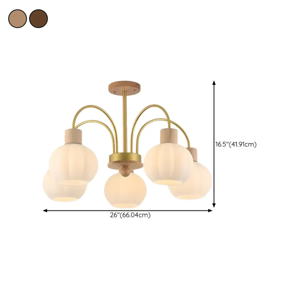 Lustre en verre blanc avec arche dorée, accents de bois et sphère en verre blanc