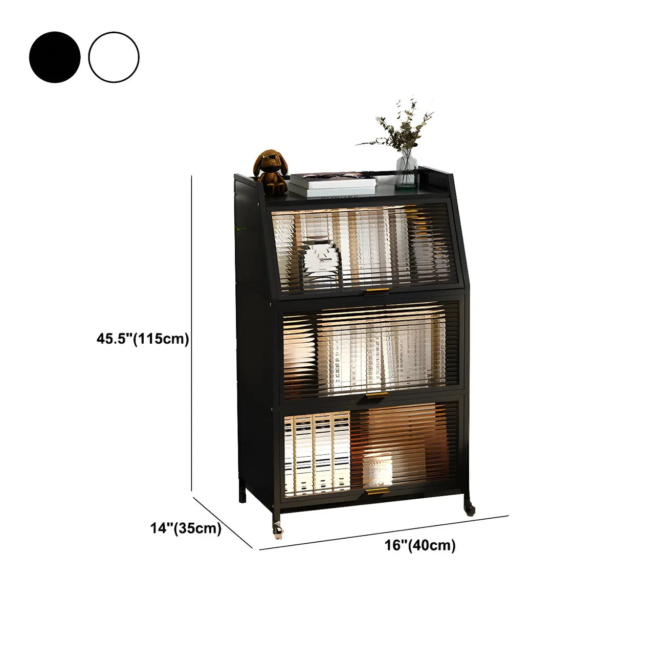 Table de chevet moderne en métal noir avec portes en verre transparent