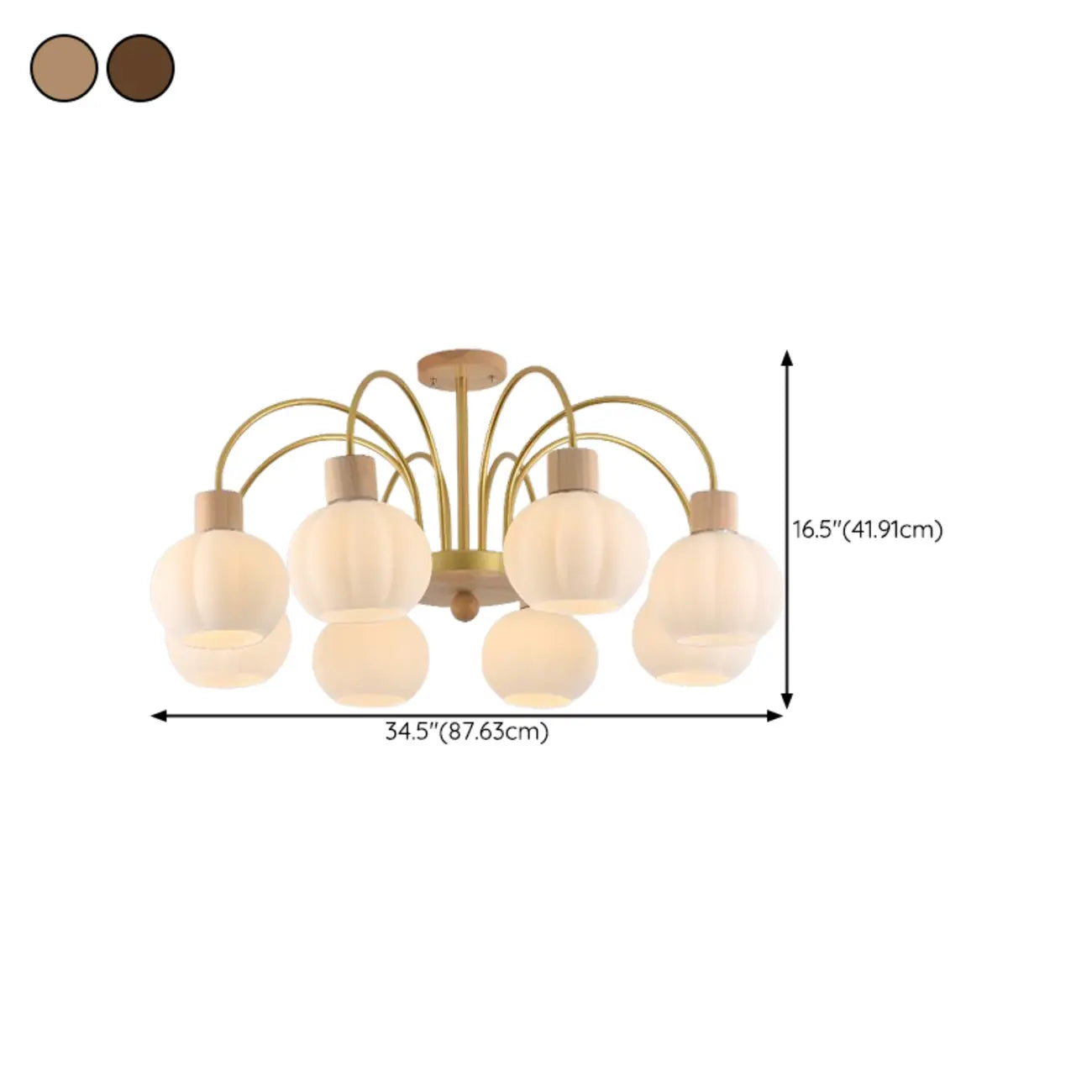 Lustre en verre blanc avec arche dorée, accents de bois et sphère en verre blanc