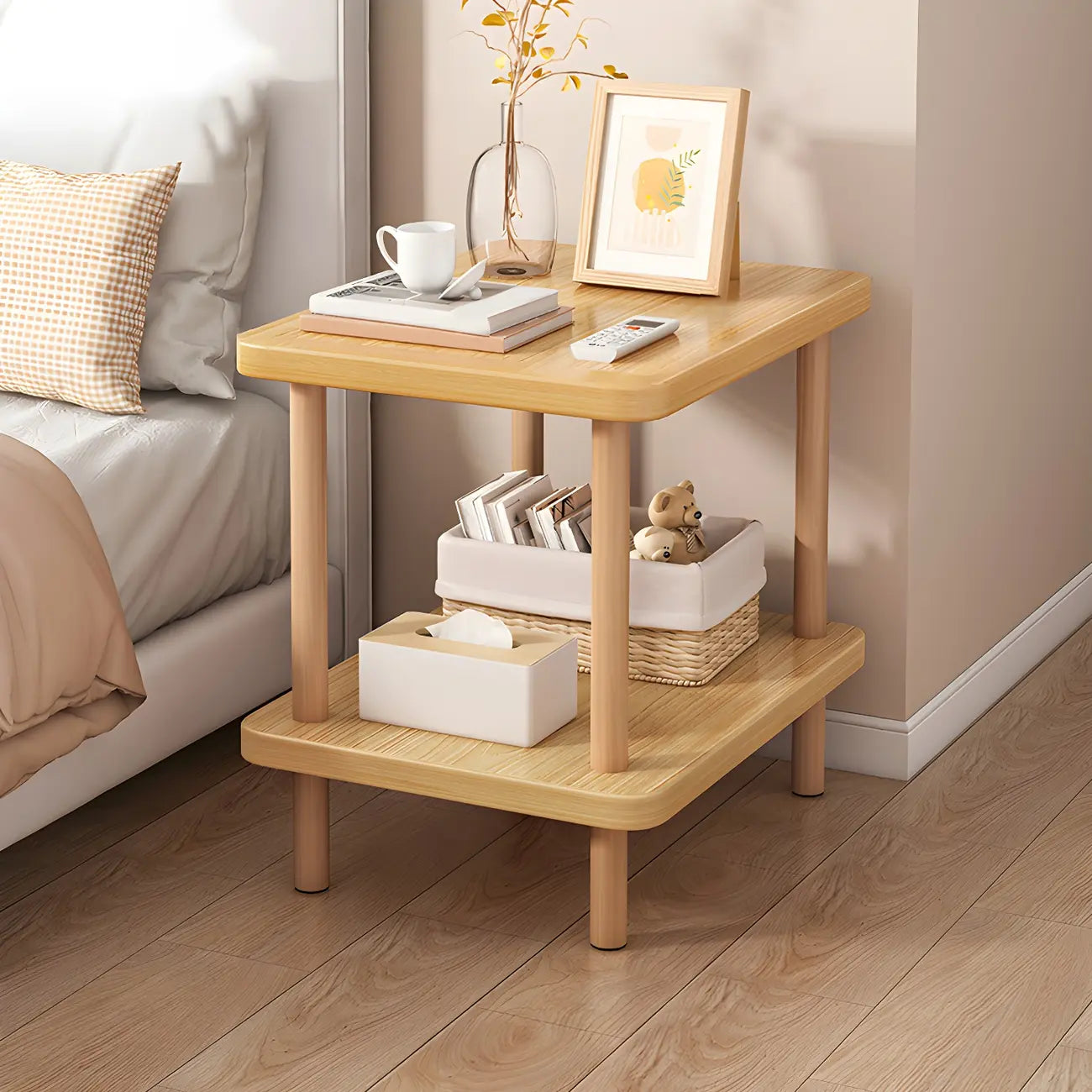 Table de chevet ronde contemporaine en bois avec étagère
