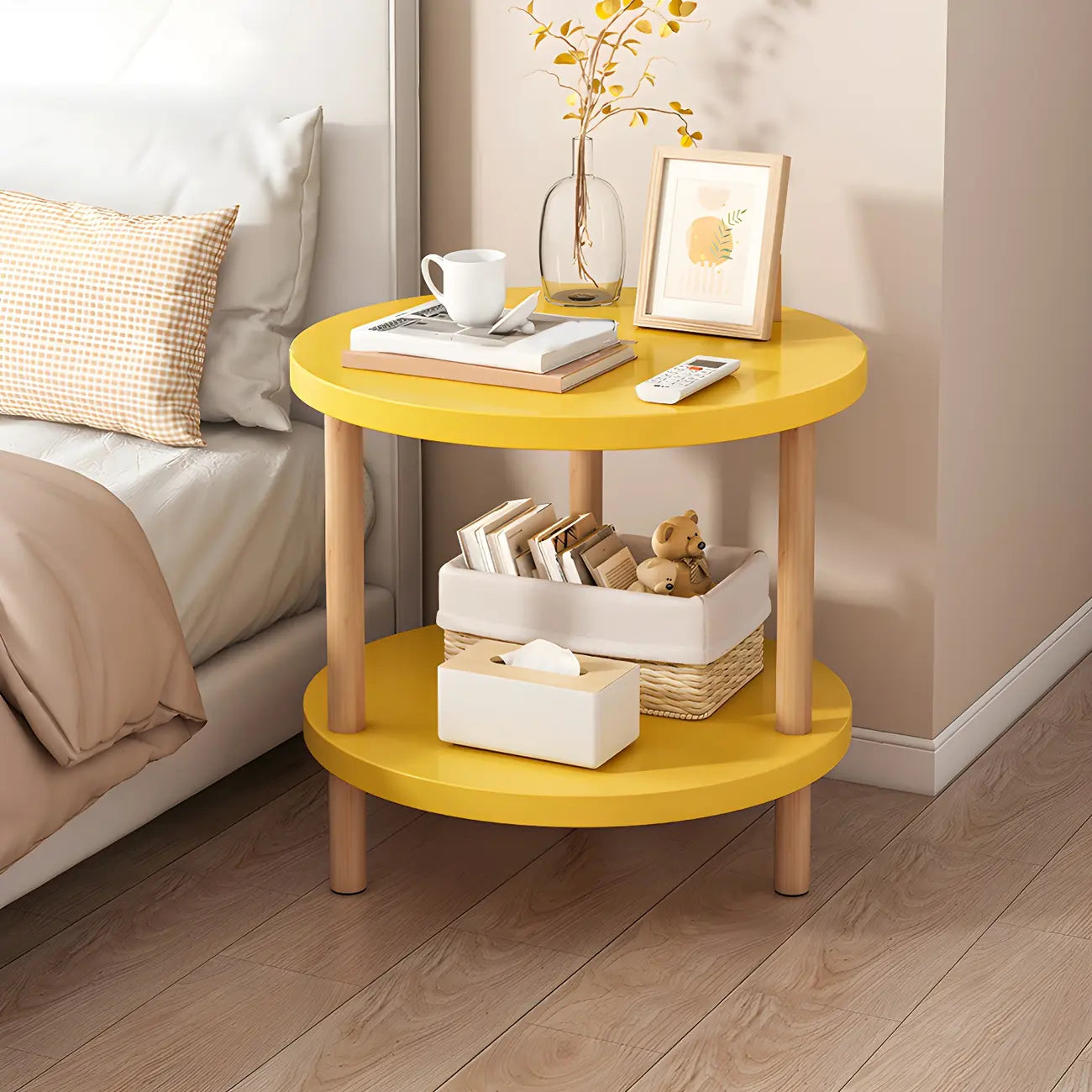 Table de chevet ronde contemporaine en bois avec étagère