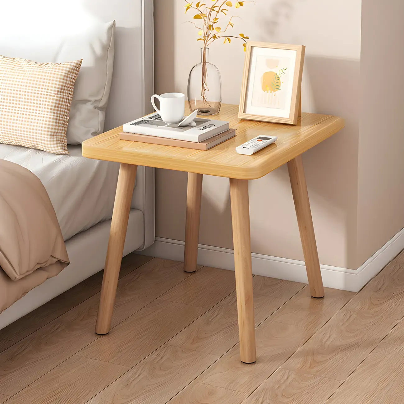 Table de chevet ronde contemporaine en bois avec étagère