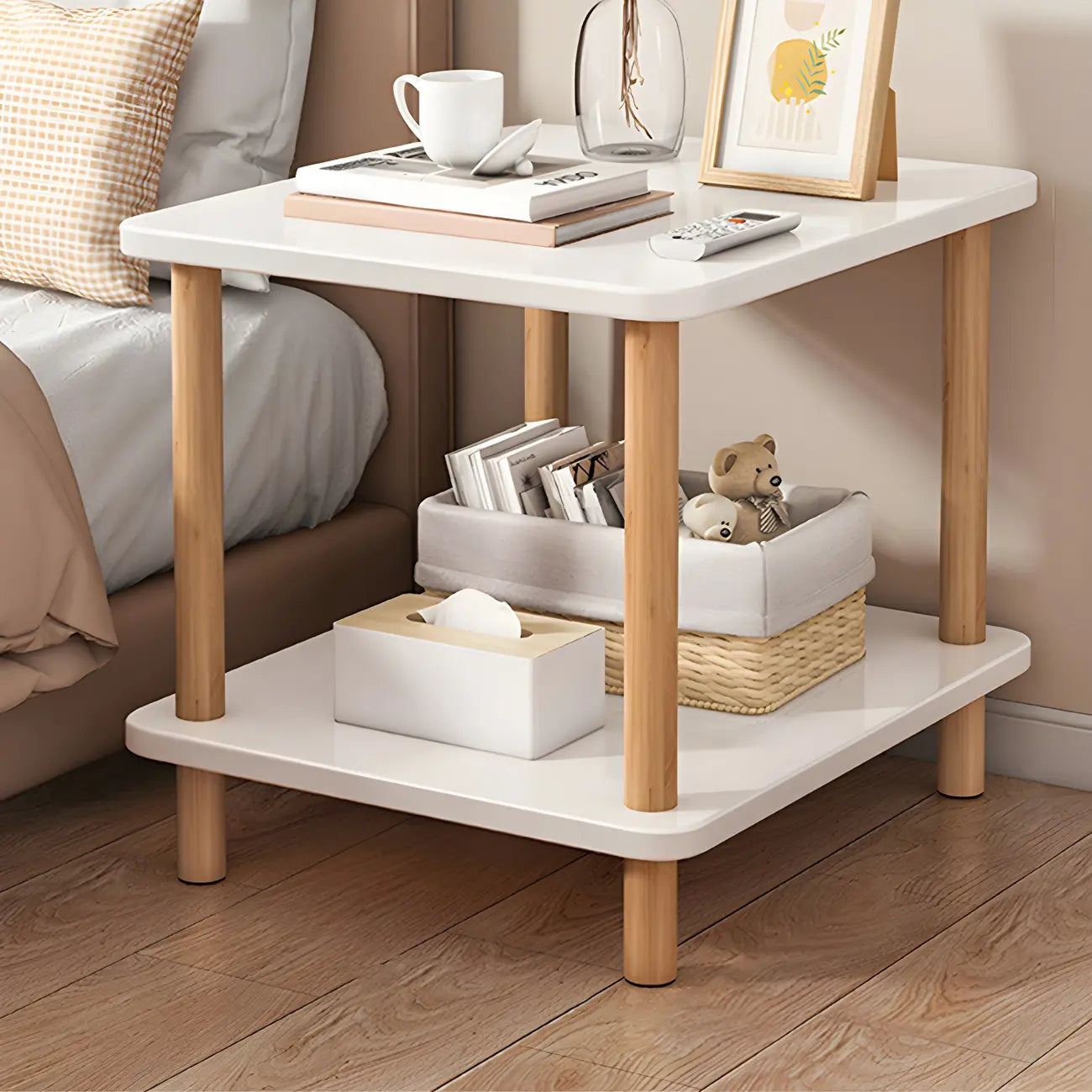 Table de chevet ronde contemporaine en bois avec étagère