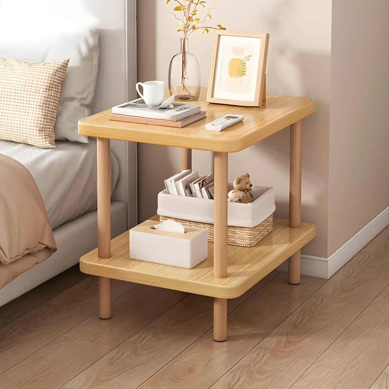 Table de chevet ronde contemporaine en bois avec étagère