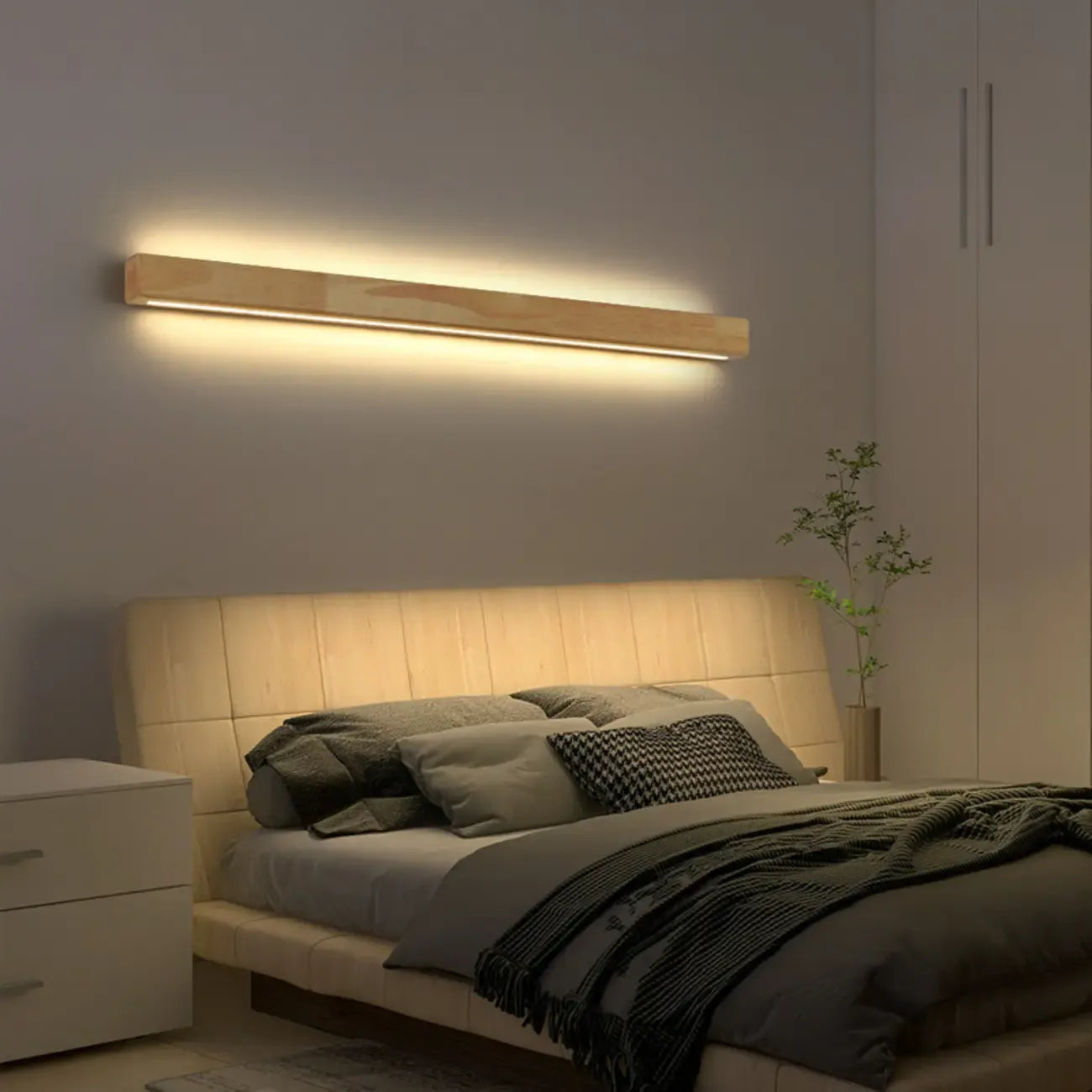 Applique murale moderne linéaire en bois avec double abat-jour et LED