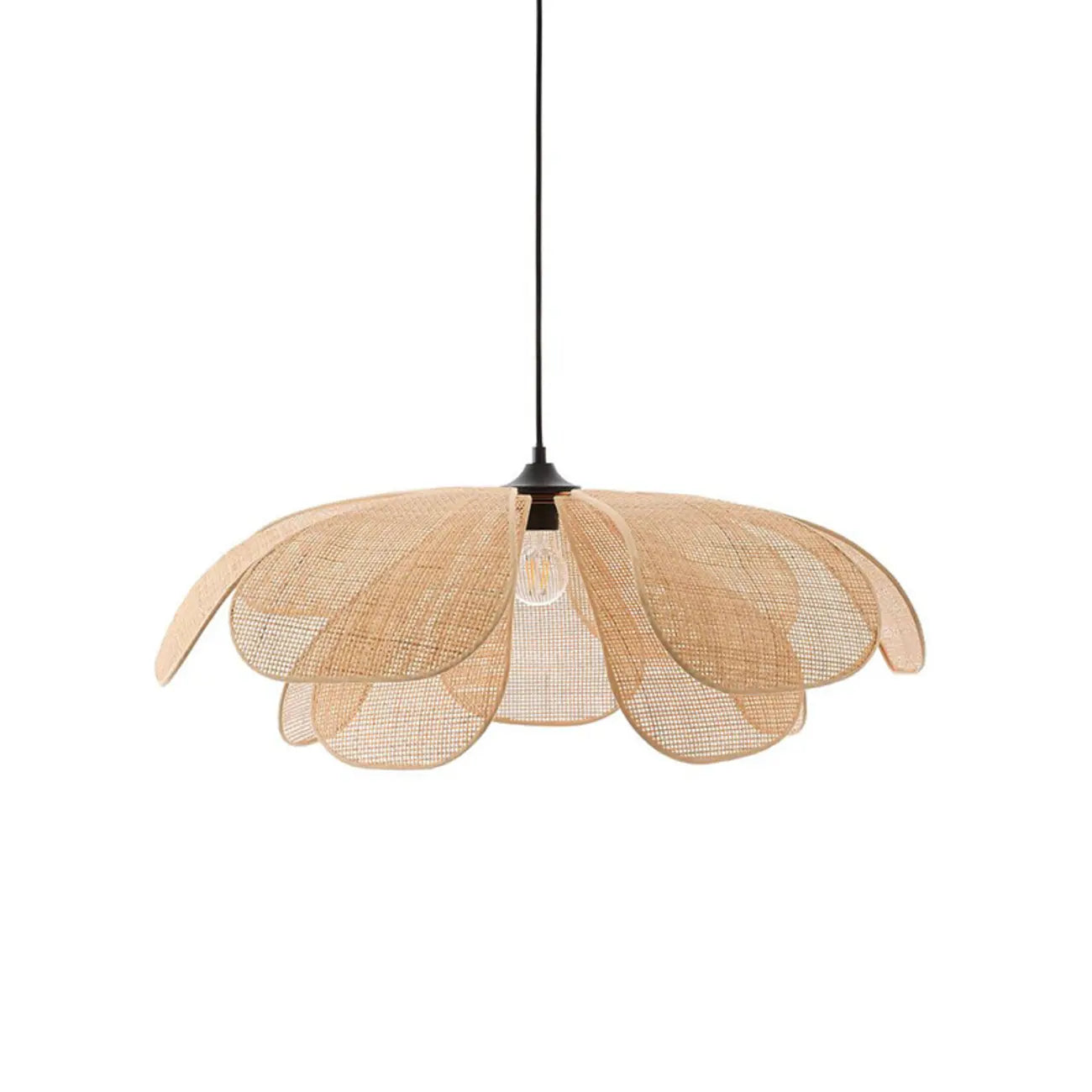 Suspension LED florale artisanale design avec pétales en rotin