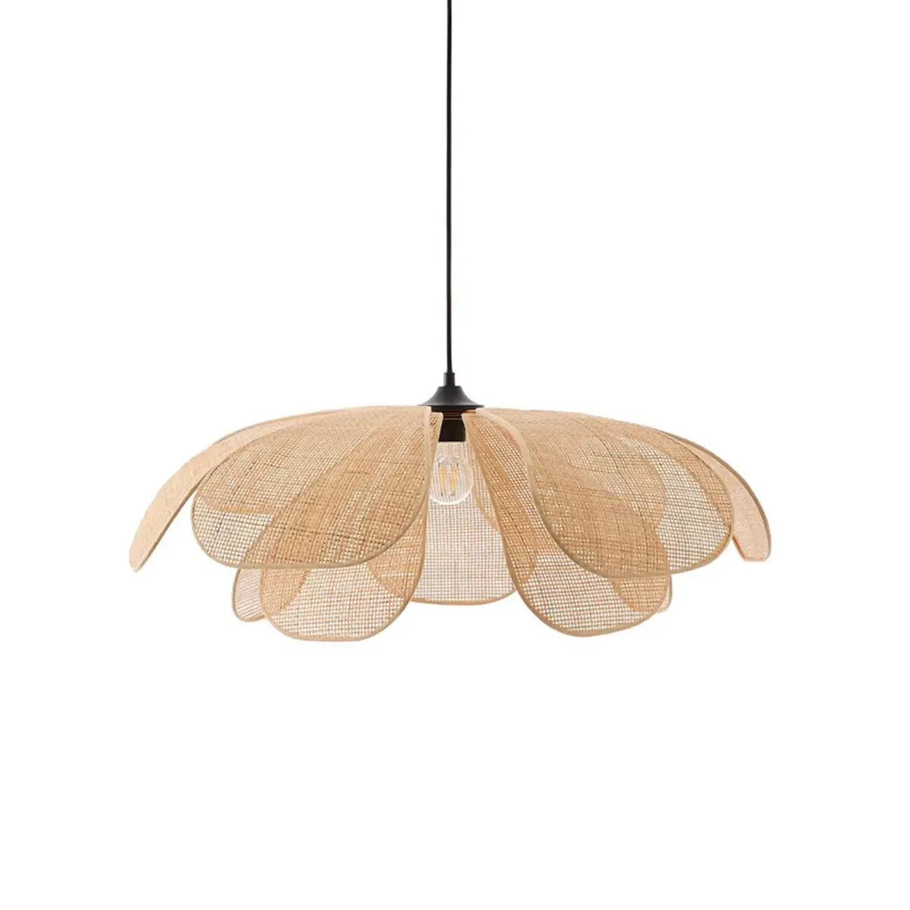 Suspension LED florale artisanale design avec pétales en rotin