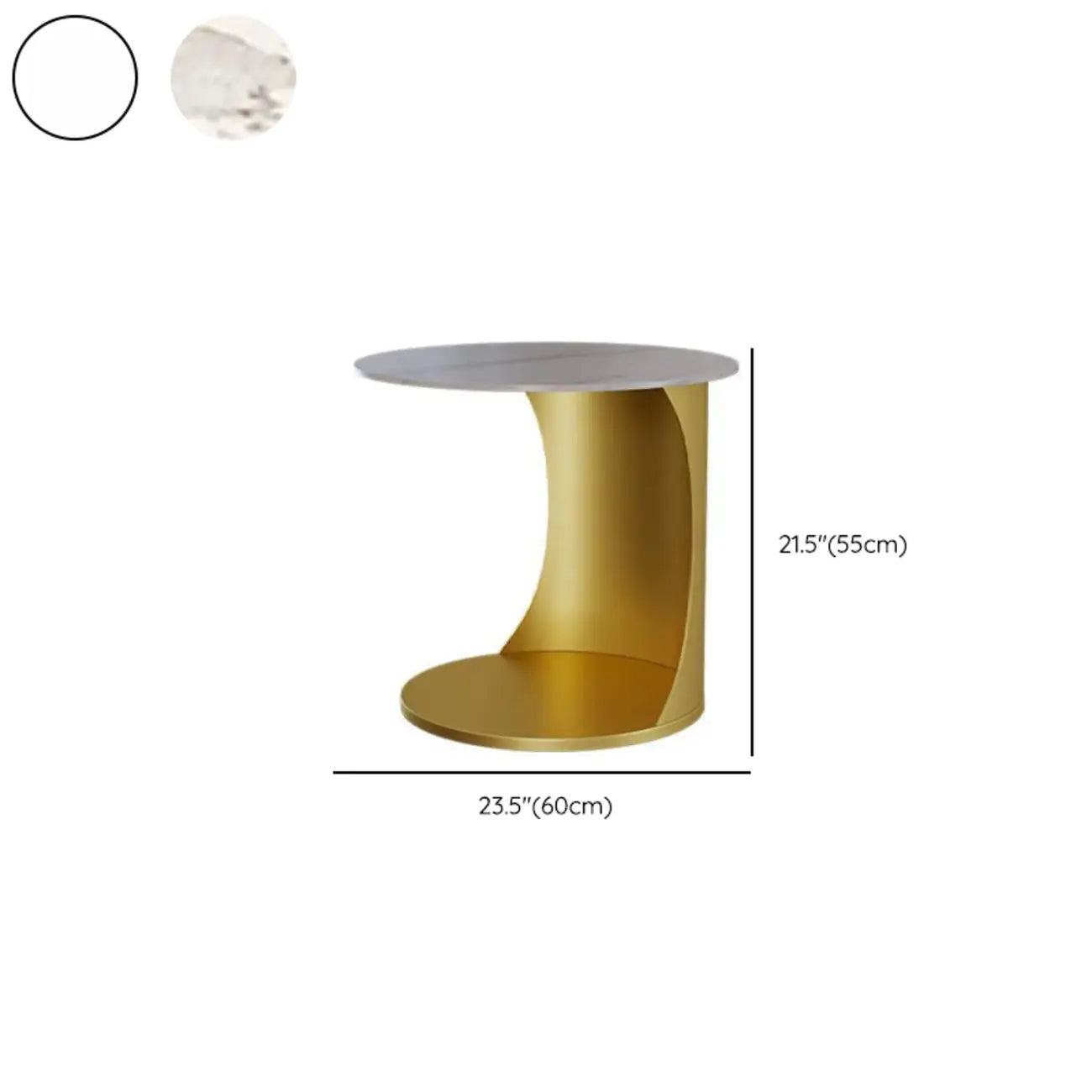 Table d'appoint classique en marbre blanc en forme de C avec piètement en métal doré