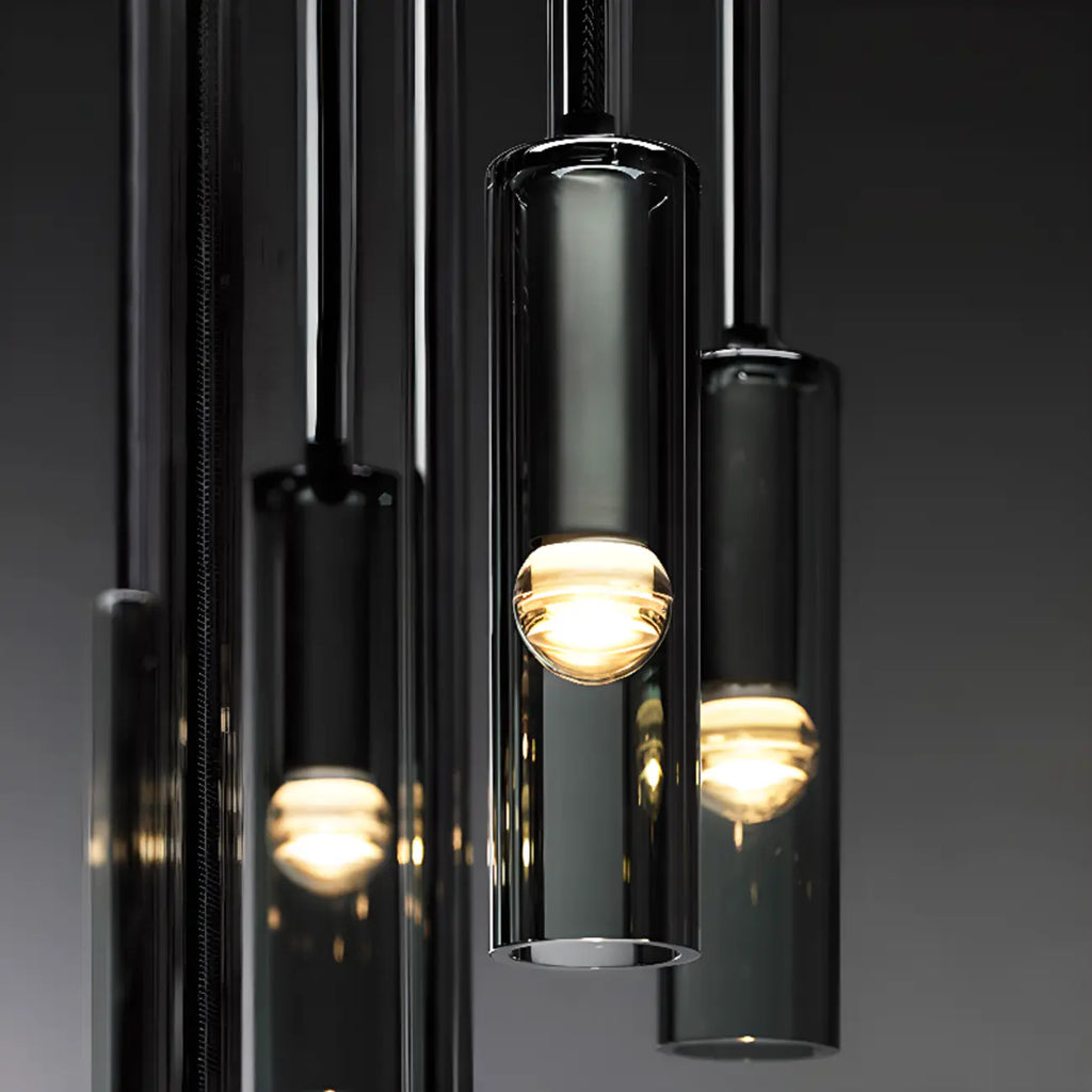 Suspension cylindrique en verre gris pour îlot de cuisine