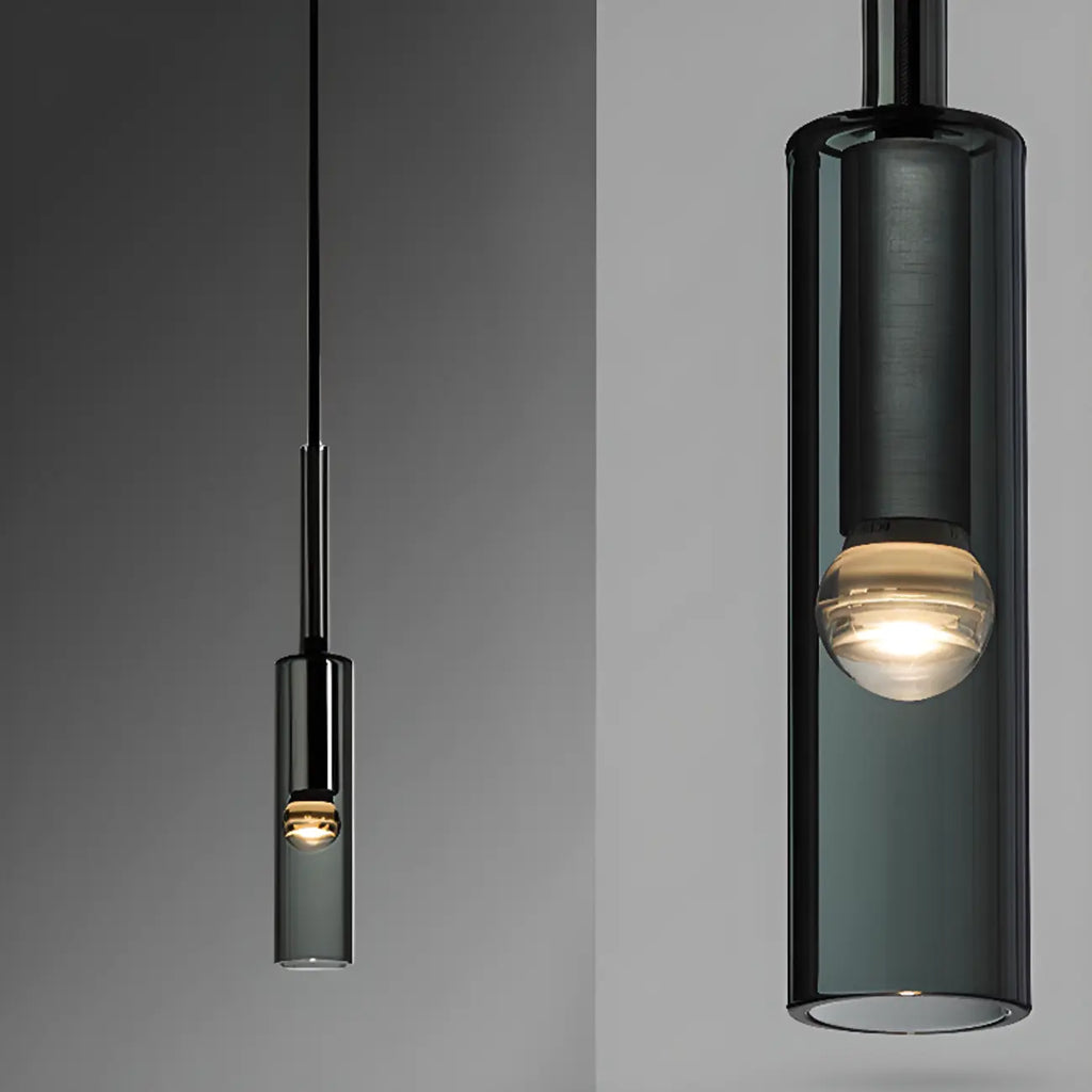 Suspension cylindrique en verre gris pour îlot de cuisine