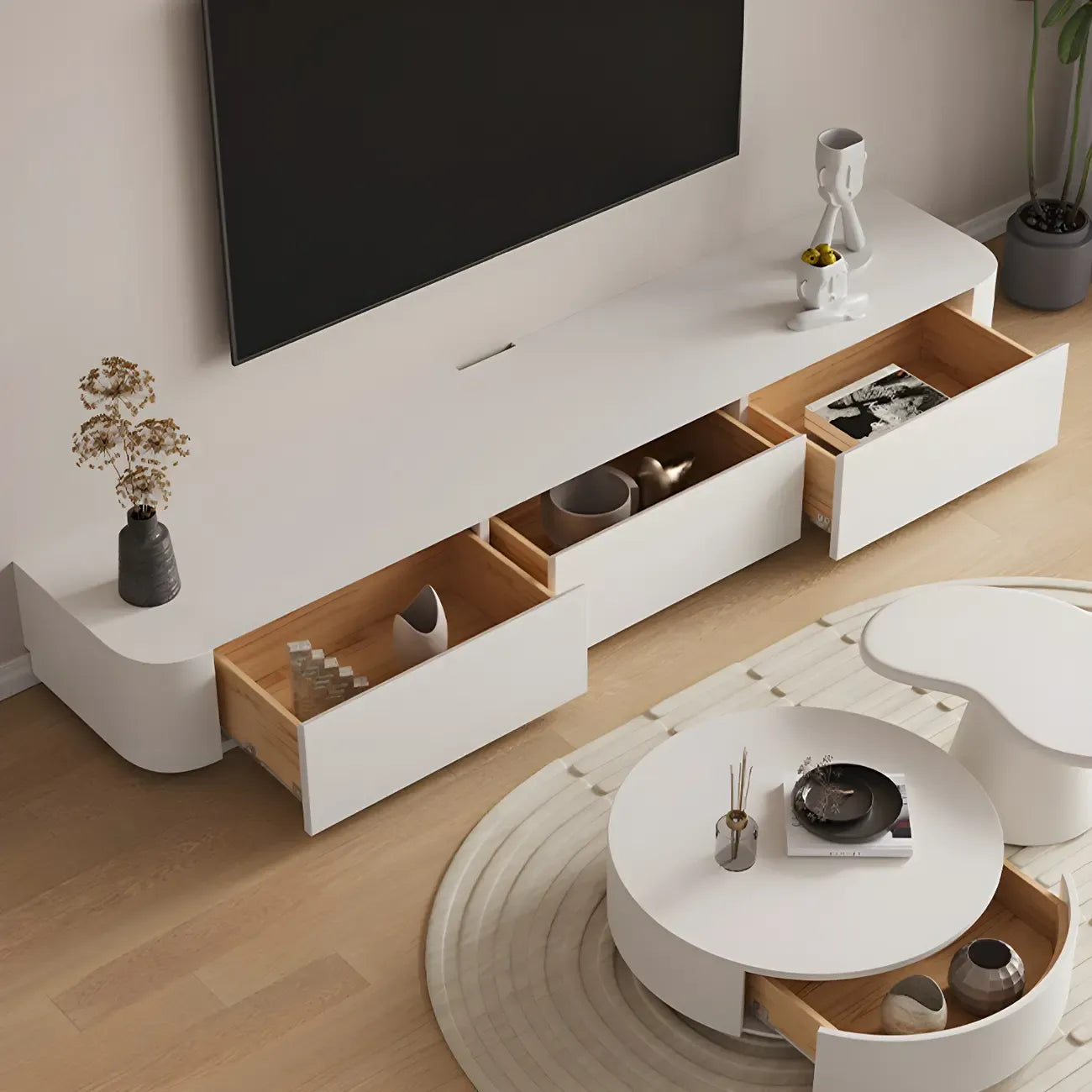 Meuble TV minimaliste en bois blanc avec gestion des câbles optimisée