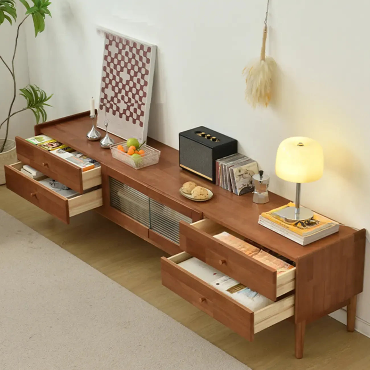 Mobile porta TV rettangolare 71" in legno di ciliegio con armadietto e cassetti