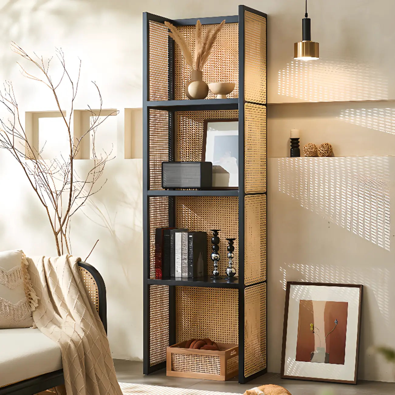 71 Libreria a 3 ripiani moderna in legno con rete e contenitore