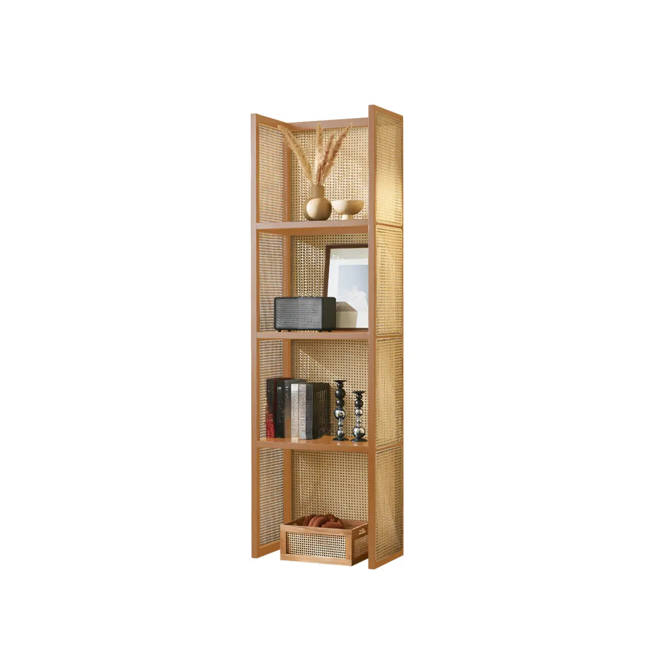 71 Libreria a 3 ripiani moderna in legno con rete e contenitore