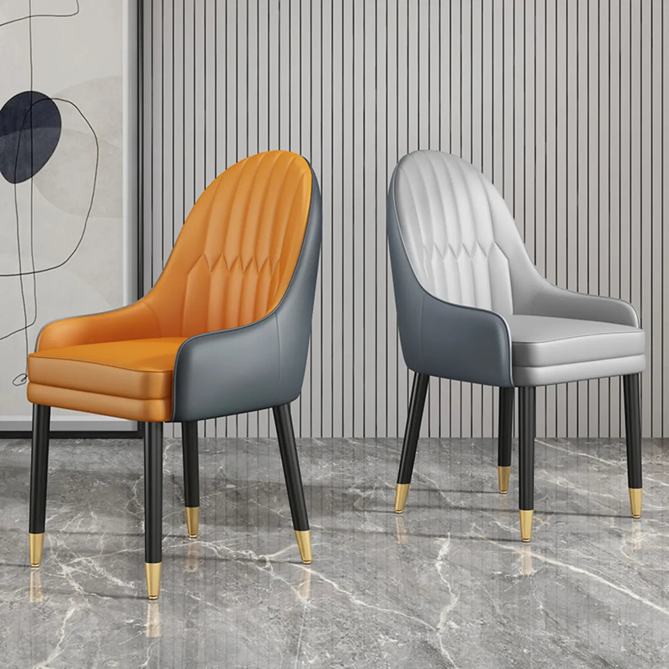 Chaise de salle à manger en similicuir, color block, accoudoirs inclinés et pieds en métal
