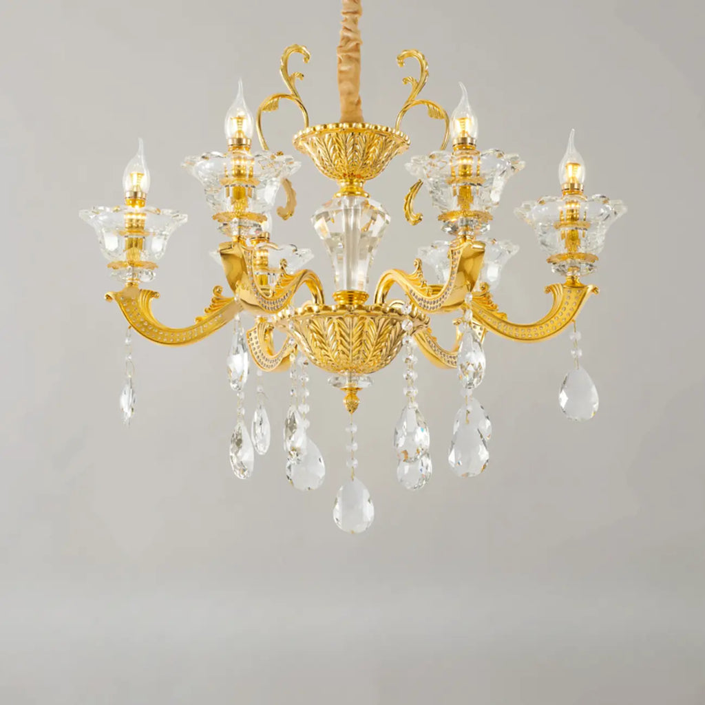 Lustre suspendu en cristal doré pour salon avec éclairage indirect et candélabre