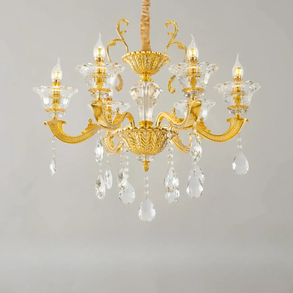 Lustre suspendu en cristal doré pour salon avec éclairage indirect et candélabre
