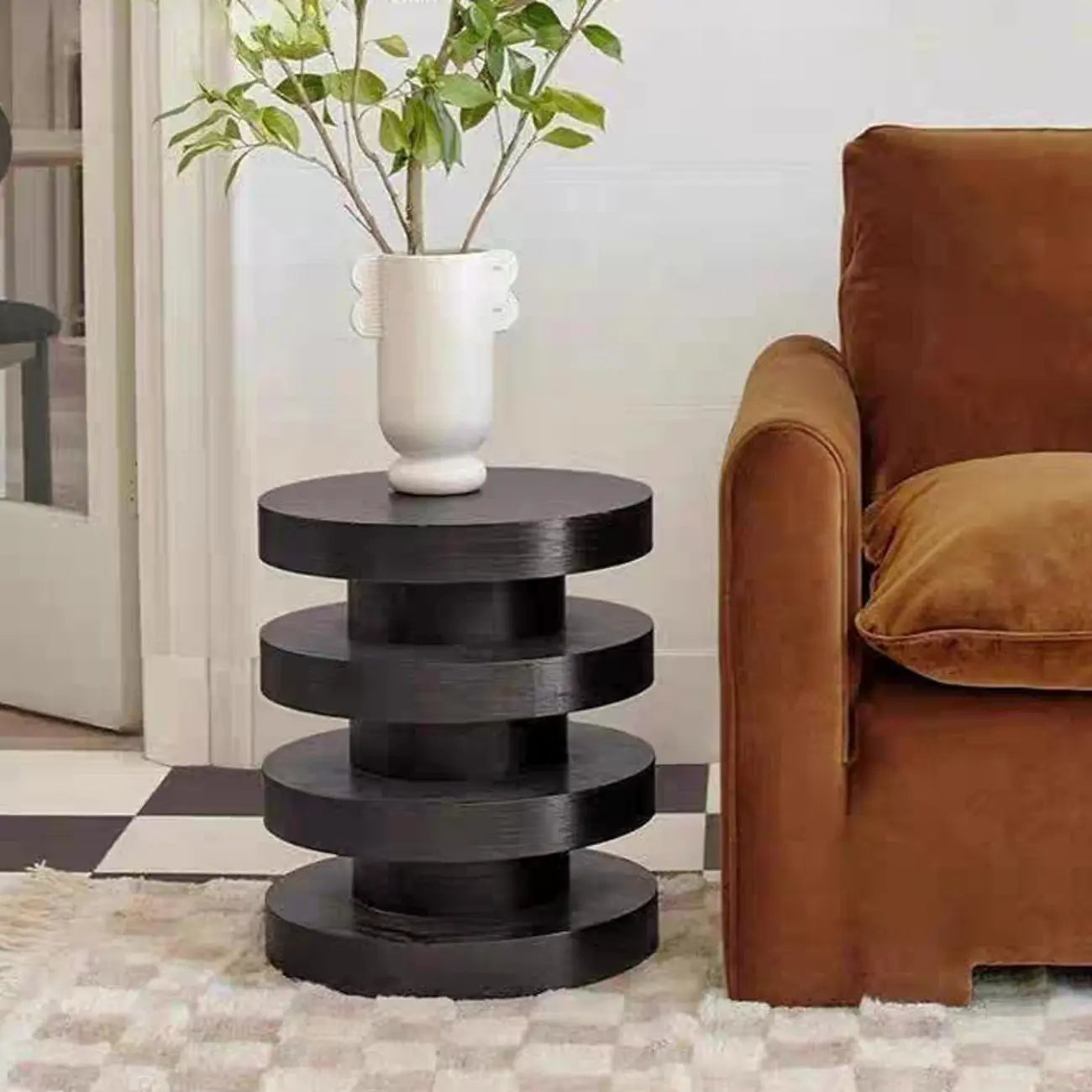 Table d'appoint ronde en bois noir empilé pour salon