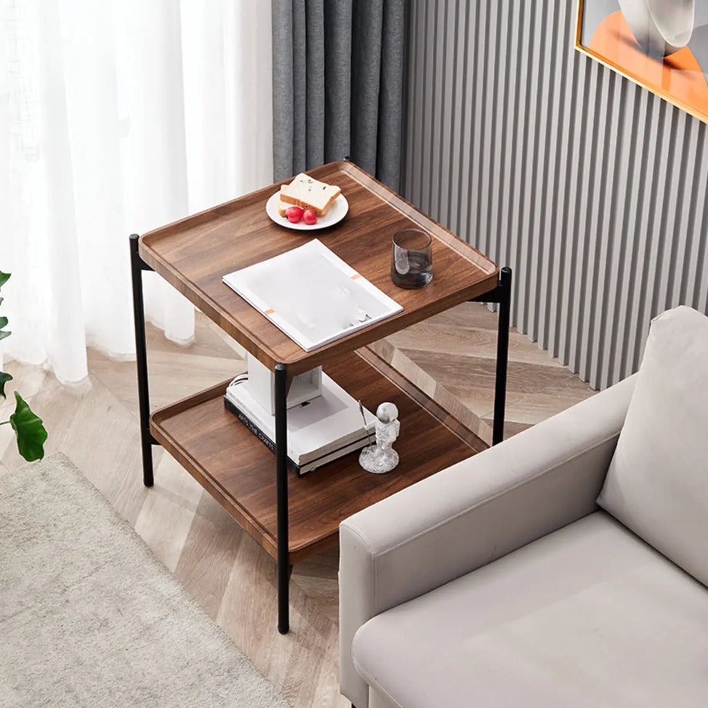 Table d'appoint glamour à 2 niveaux en bois massif avec rangement pour salon