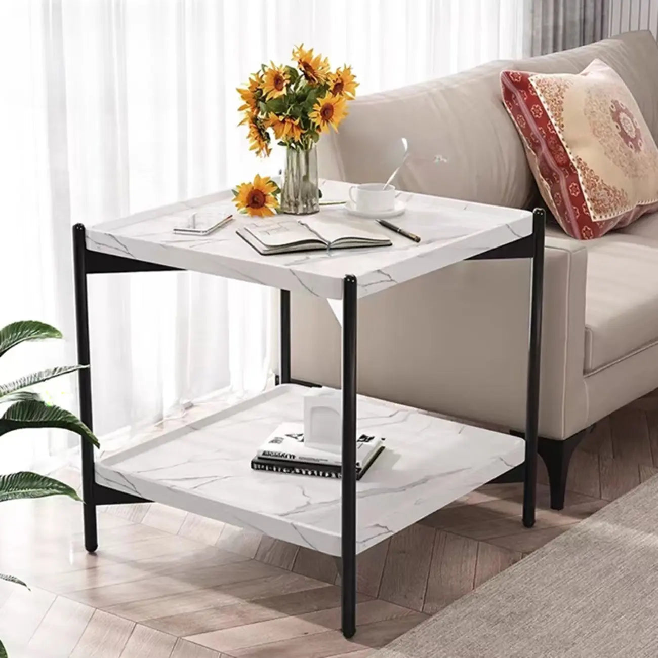 Table d'appoint glamour à 2 niveaux en bois massif avec rangement pour salon
