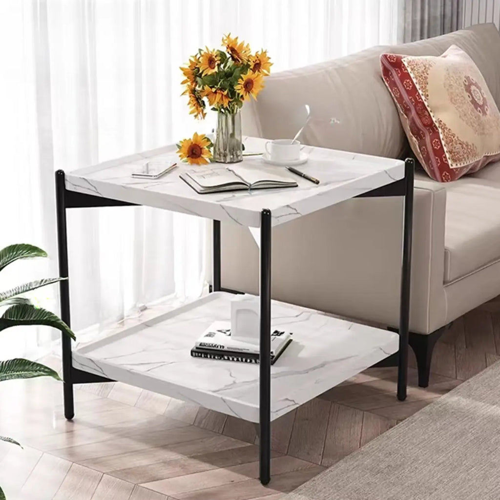 Table d'appoint glamour à 2 niveaux en bois massif avec rangement pour salon