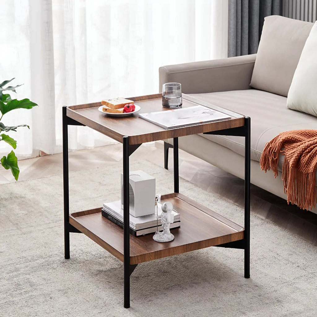 Table d'appoint glamour à 2 niveaux en bois massif avec rangement pour salon