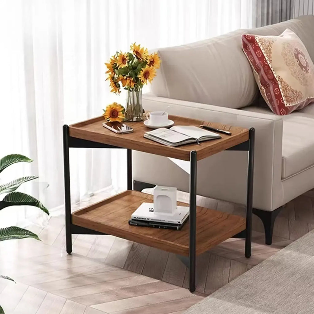 Table d'appoint glamour à 2 niveaux en bois massif avec rangement pour salon