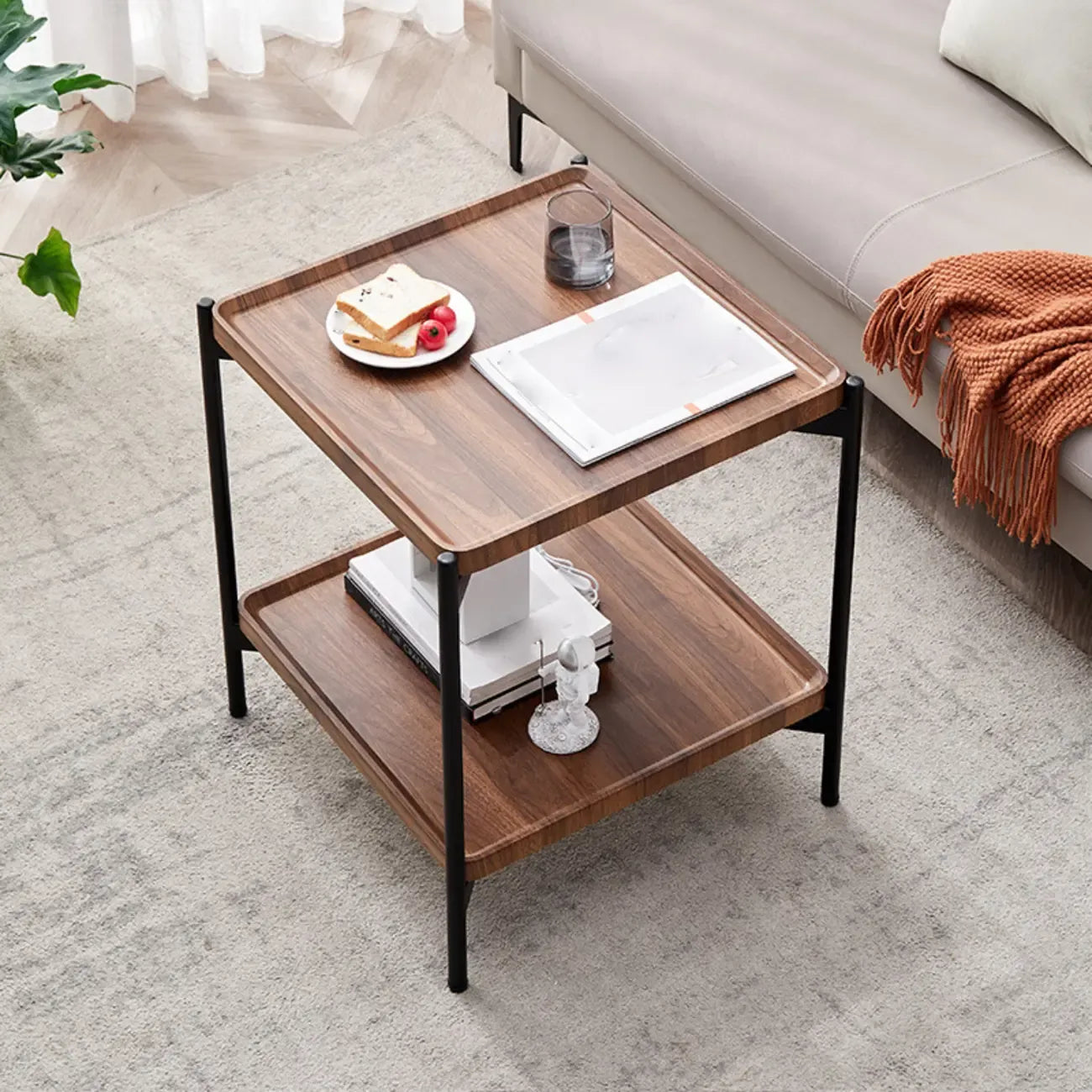 Table d'appoint glamour à 2 niveaux en bois massif avec rangement pour salon