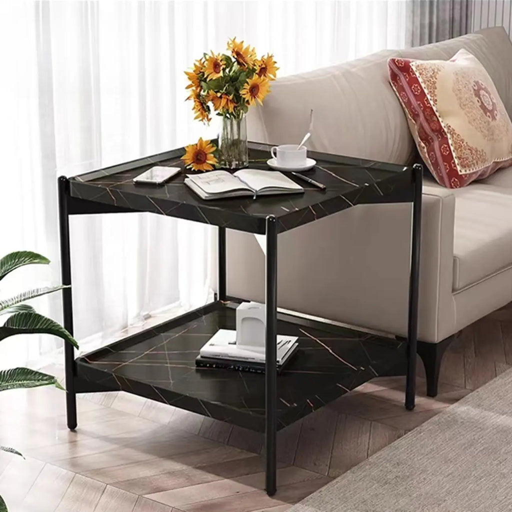 Table d'appoint glamour à 2 niveaux en bois massif avec rangement pour salon