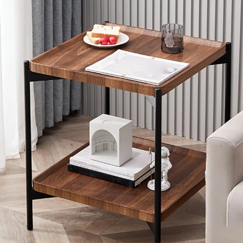 Table d'appoint glamour à 2 niveaux en bois massif avec rangement pour salon