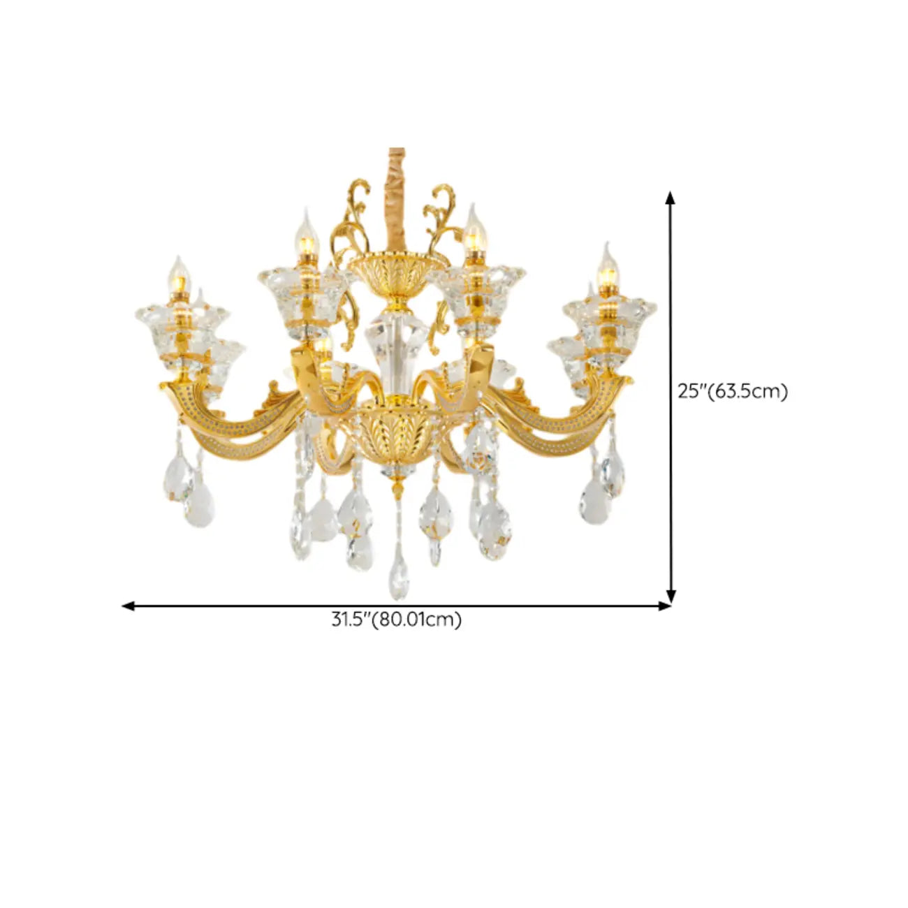 Lustre suspendu en cristal doré pour salon avec éclairage indirect et candélabre