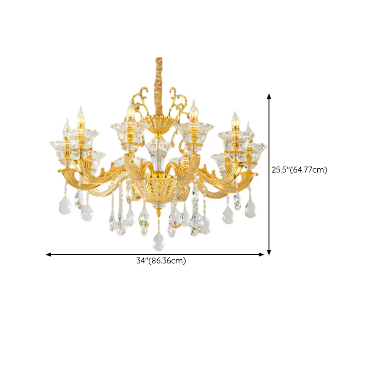 Lustre suspendu en cristal doré pour salon avec éclairage indirect et candélabre