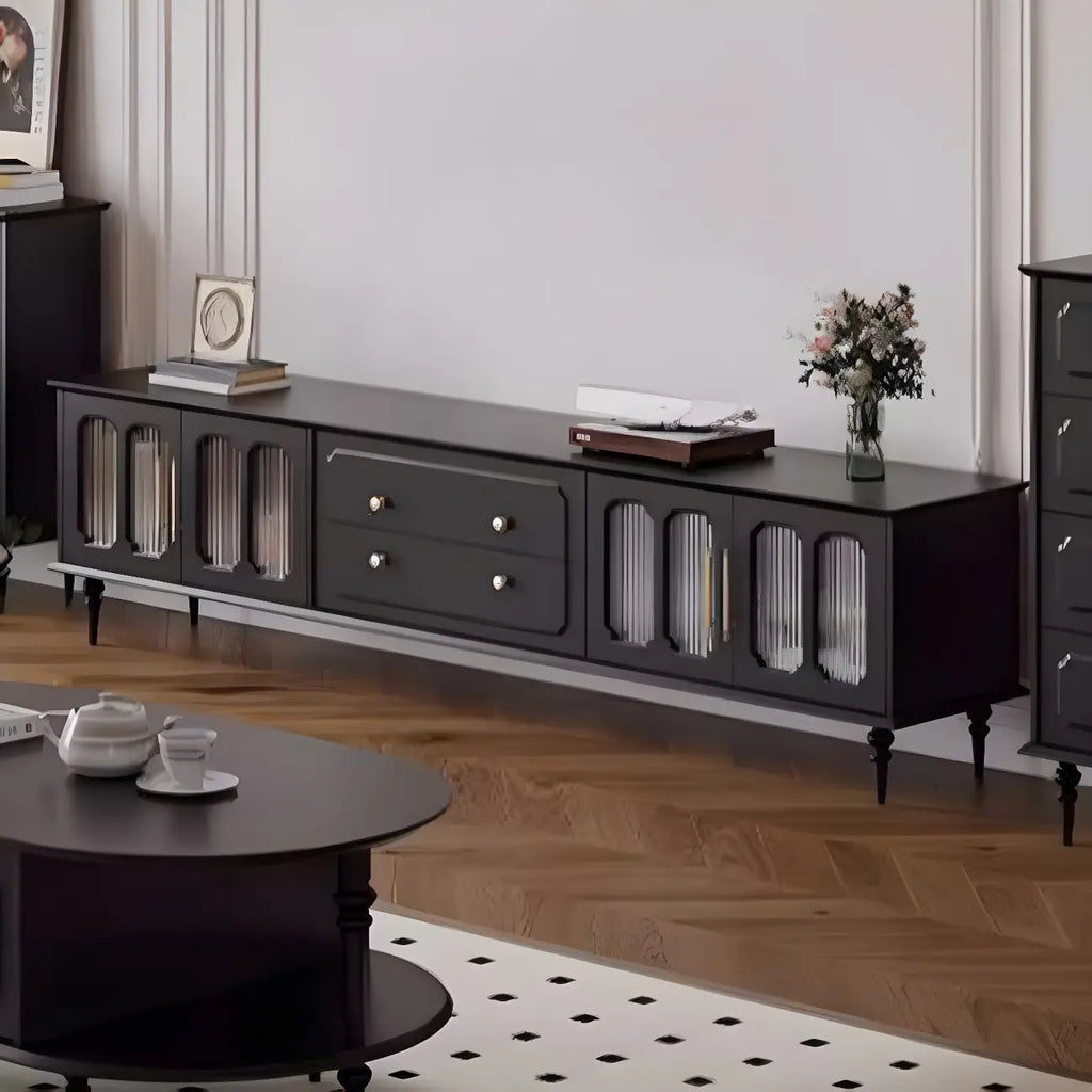Meuble TV élégant en bois noir avec tiroirs et placards
