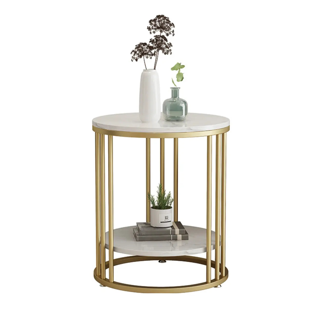 Table d'appoint ronde moderne en métal doré à 2 niveaux pour salon