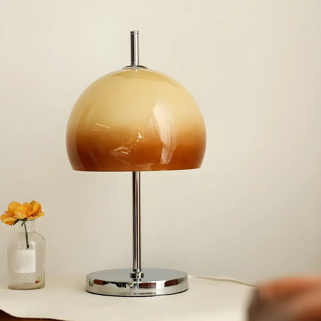 Lampe de table en verre dégradé caramel avec socle en acier inoxydable