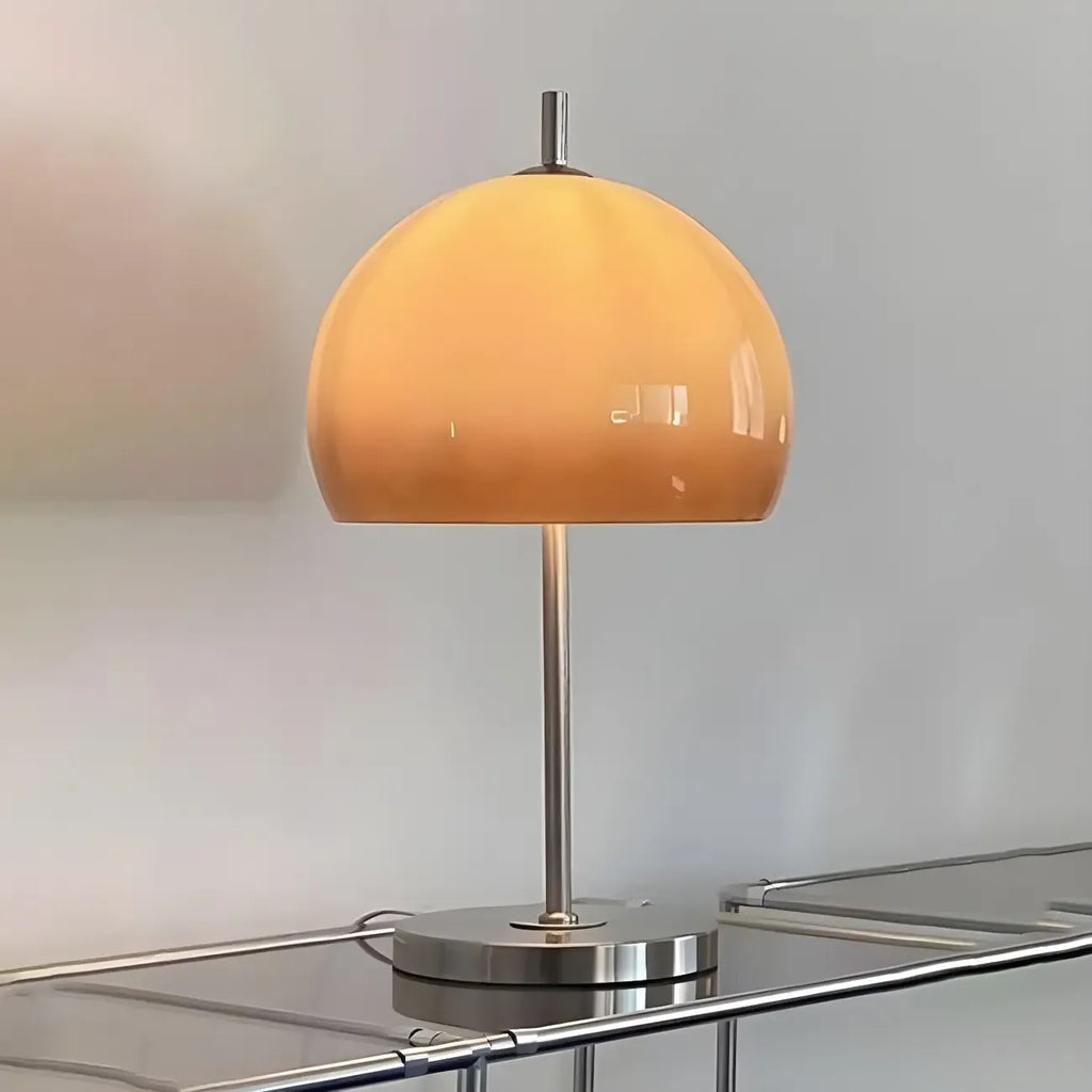 Lampe de table en verre dégradé caramel avec socle en acier inoxydable