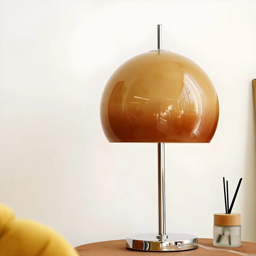 Lampe de table en verre dégradé caramel avec socle en acier inoxydable