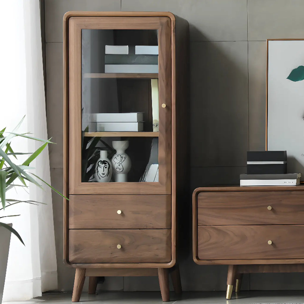 Mobiletto con 2 cassetti marrone, stile Mid-Century, con anta in vetro