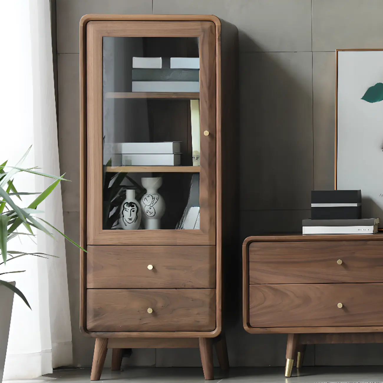 Mobiletto con 2 cassetti marrone, stile Mid-Century, con anta in vetro
