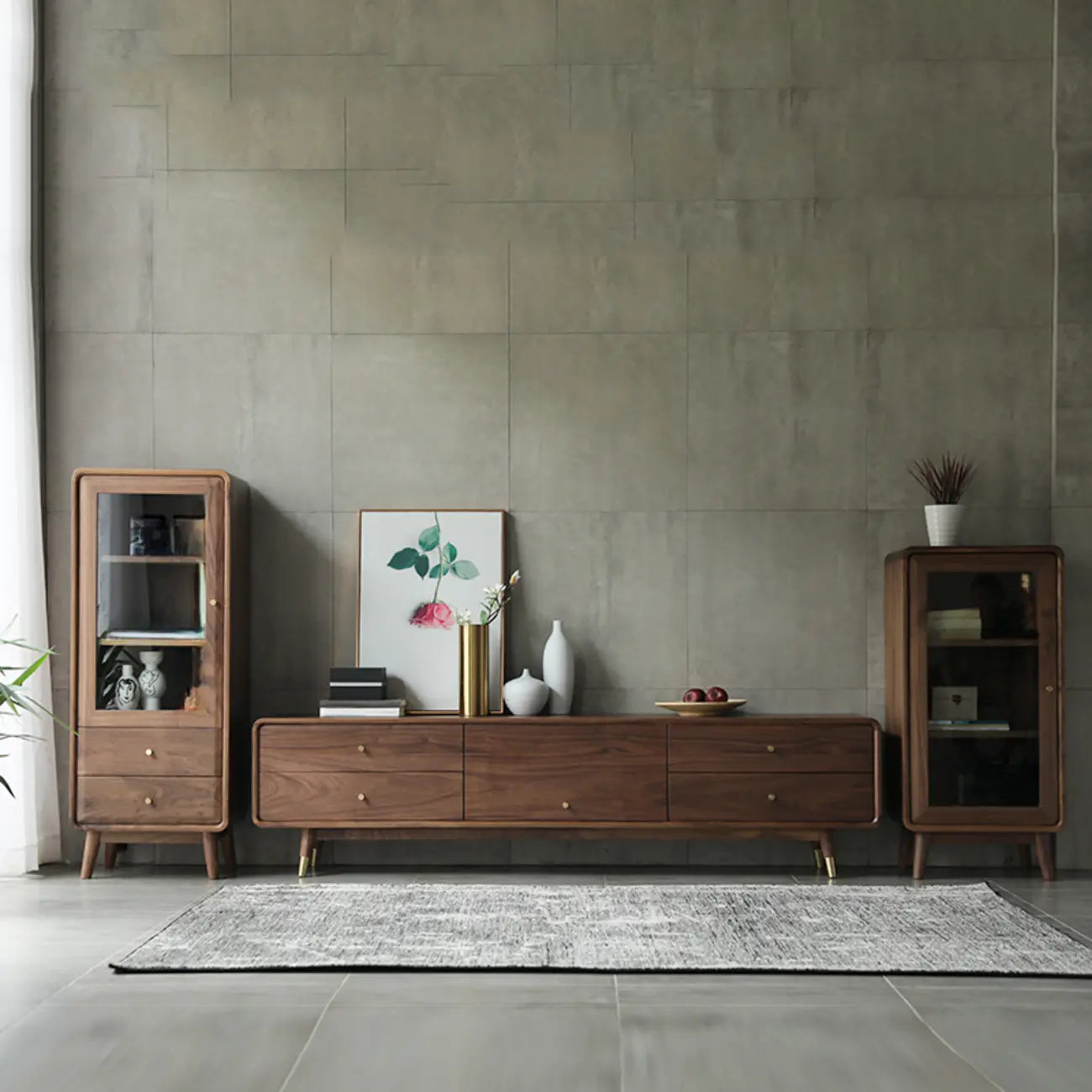 Mobiletto con 2 cassetti marrone, stile Mid-Century, con anta in vetro