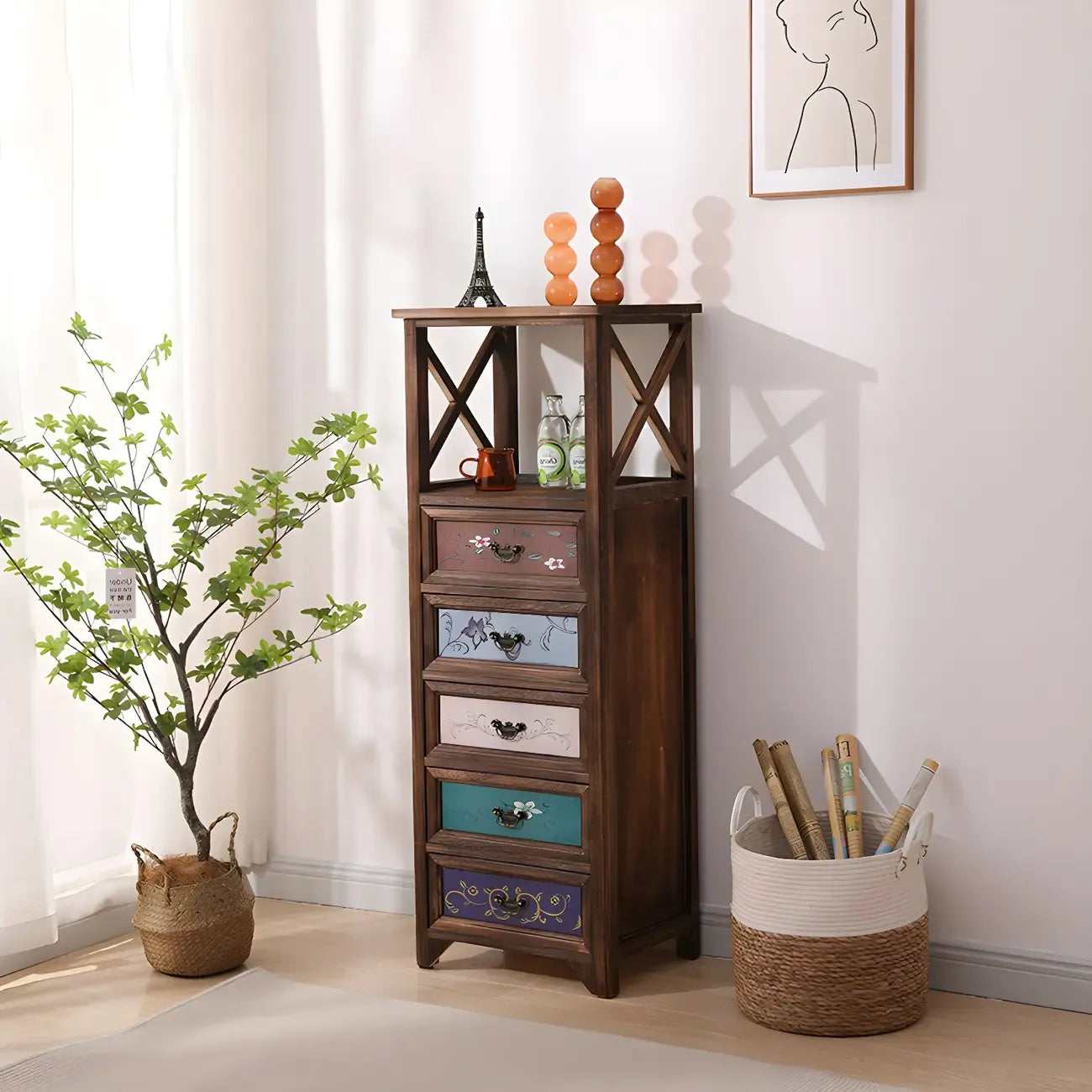 Armoire à tiroirs rectangulaire industrielle en bois brun