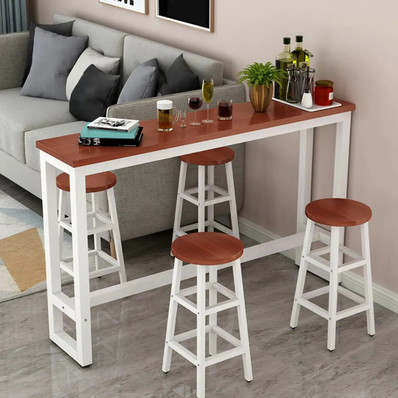 Table de bar étroite et élégante blanche avec repose-pieds en métal pour une décoration intérieure moderne