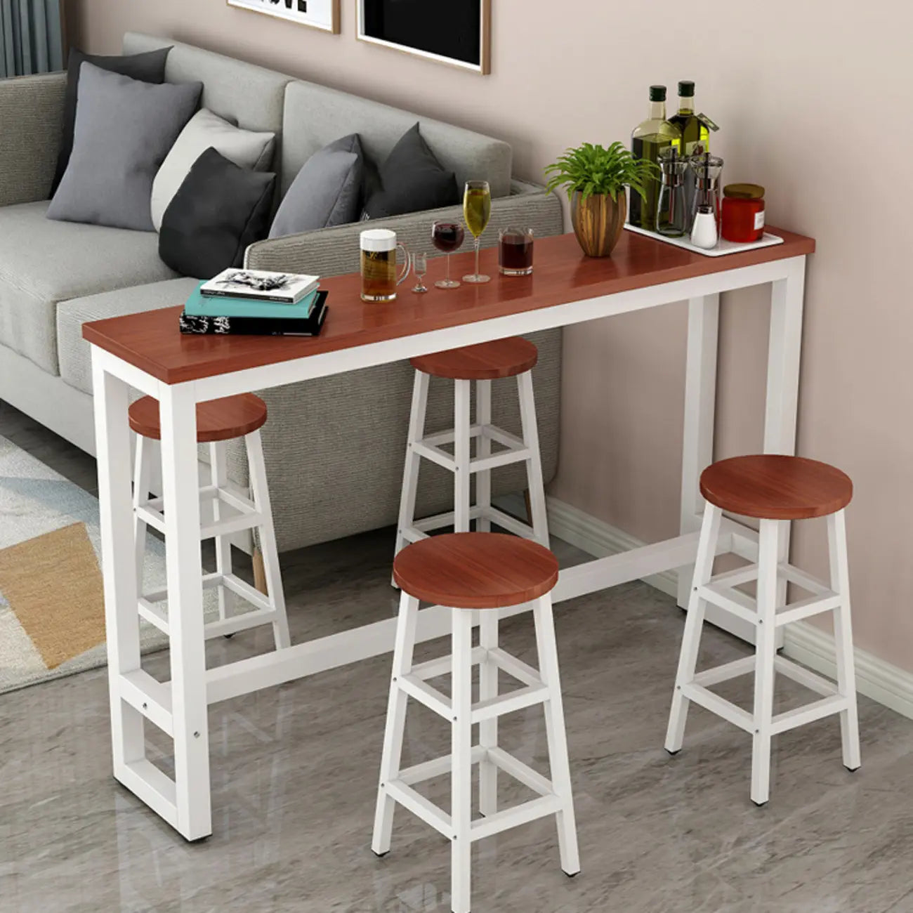 Table de bar étroite et élégante blanche avec repose-pieds en métal pour une décoration intérieure moderne