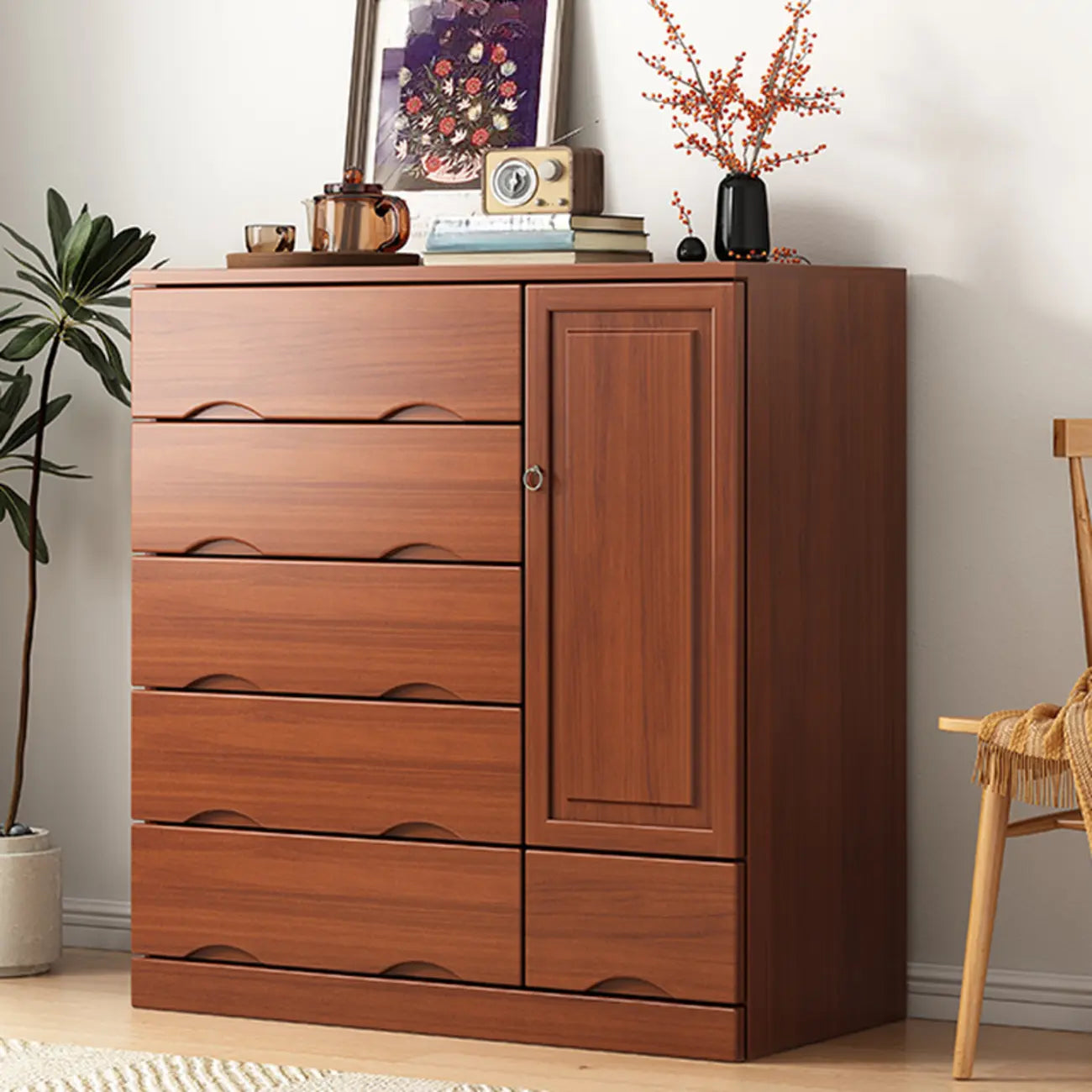 Commode industrielle en bois massif à 5 tiroirs pour chambre à coucher