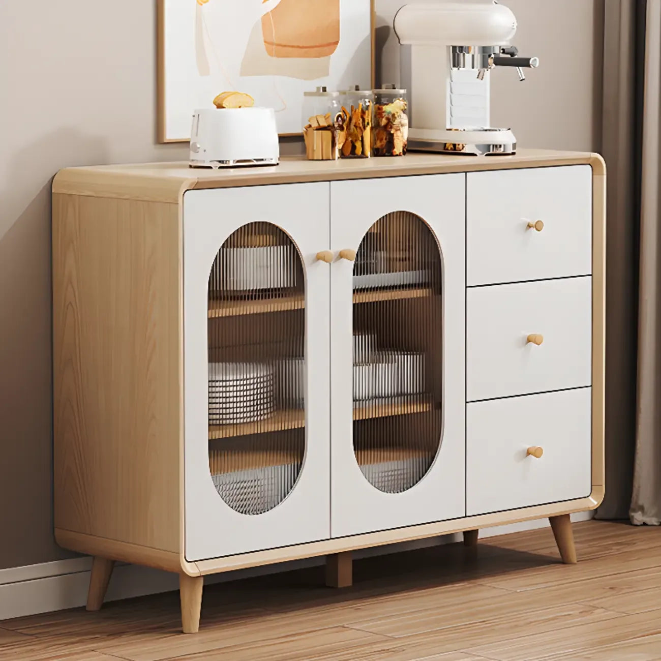 Meuble moderne à finition naturelle avec étagère extérieure et tiroirs