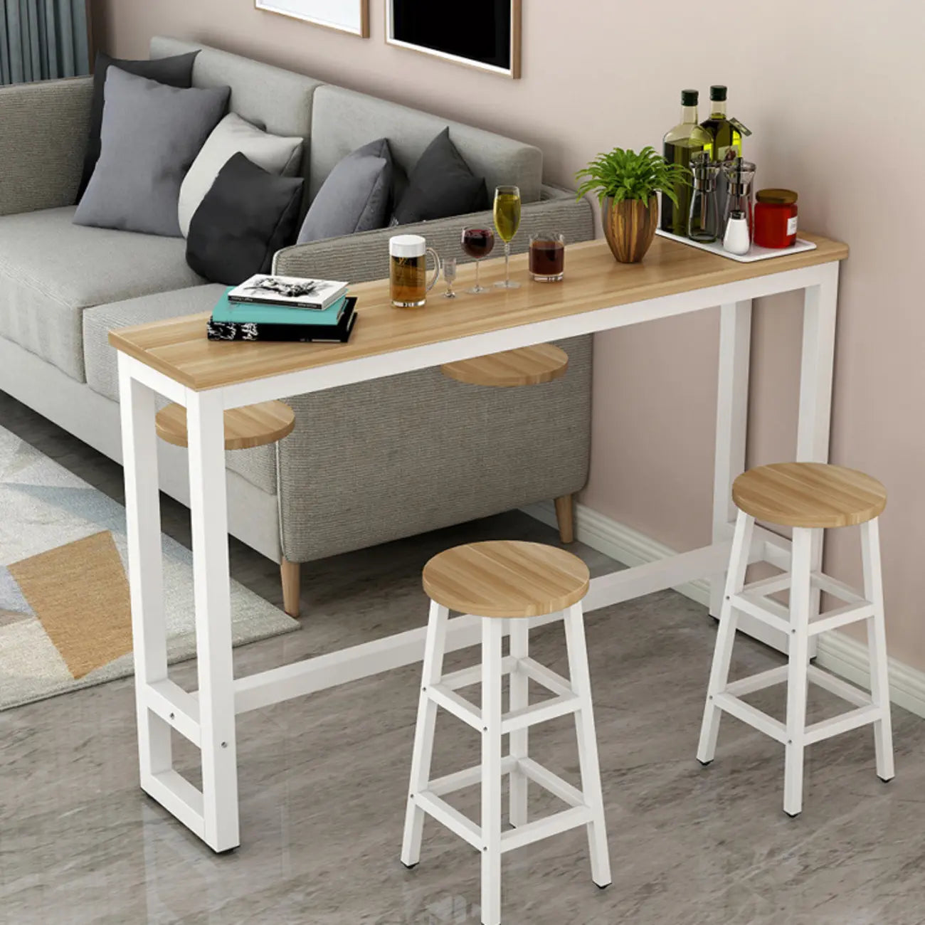 Table de bar étroite et élégante blanche avec repose-pieds en métal pour une décoration intérieure moderne