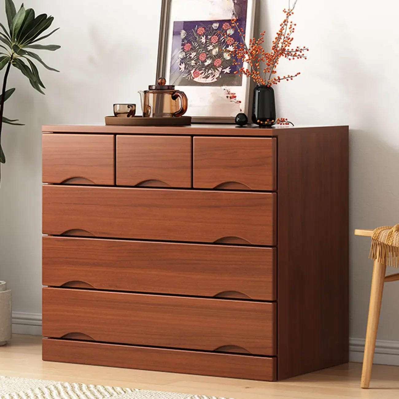 Commode industrielle en bois massif à 5 tiroirs pour chambre à coucher