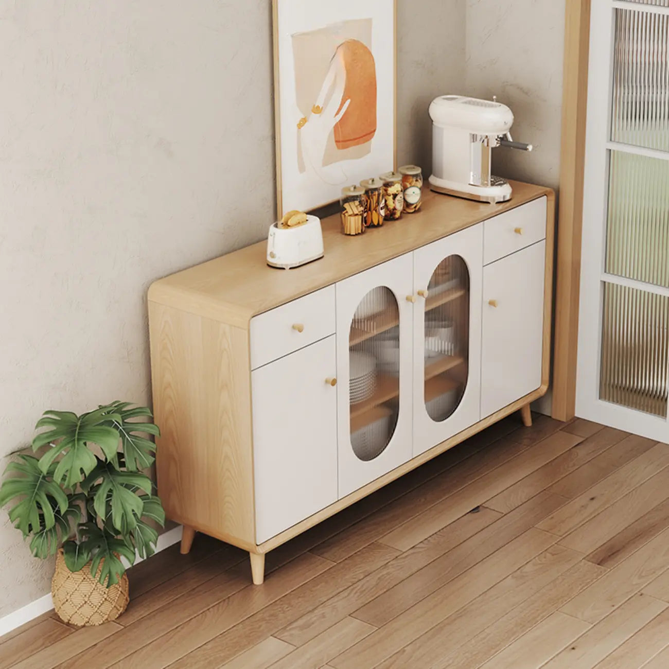 Meuble moderne à finition naturelle avec étagère extérieure et tiroirs