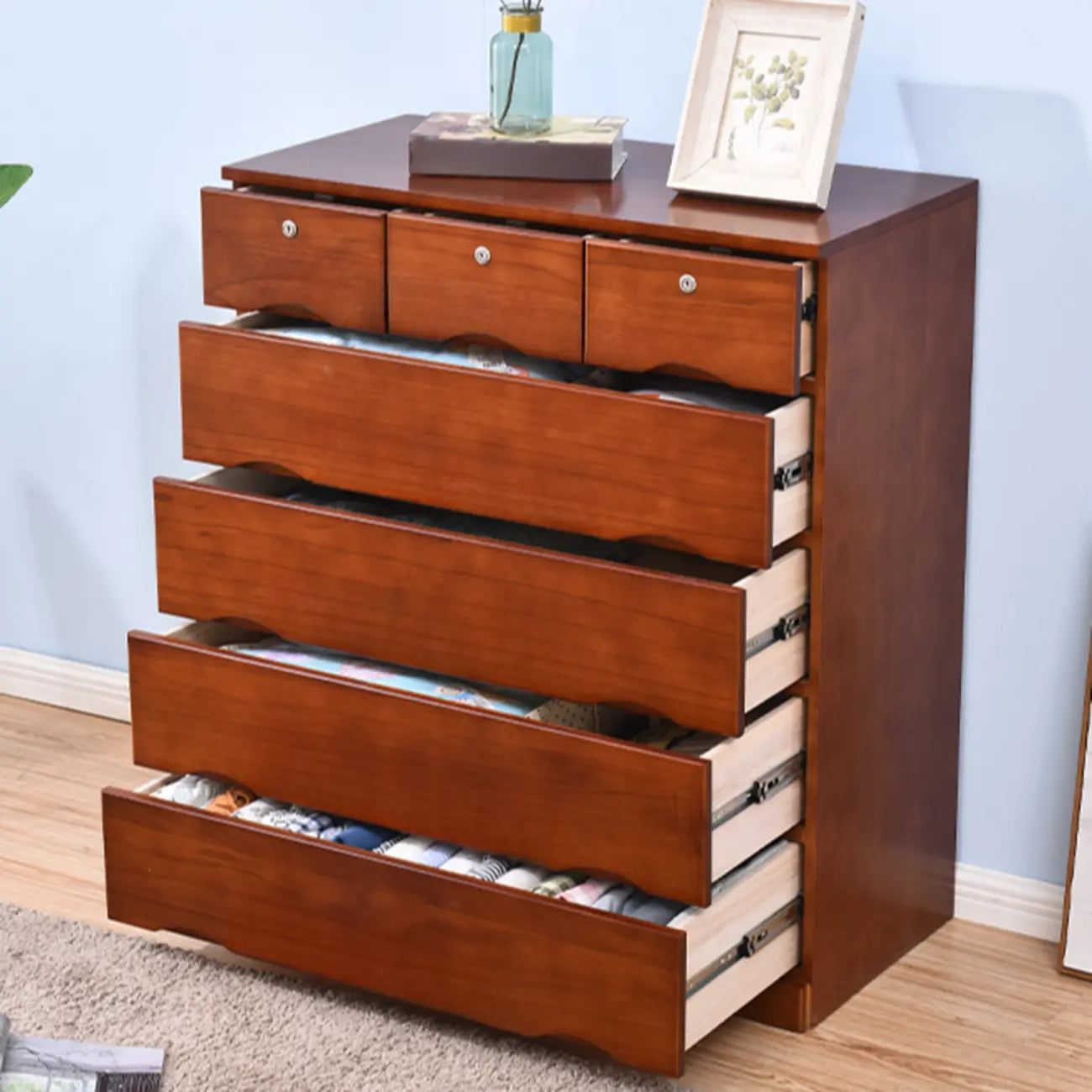 Commode industrielle en bois massif à 5 tiroirs pour chambre à coucher