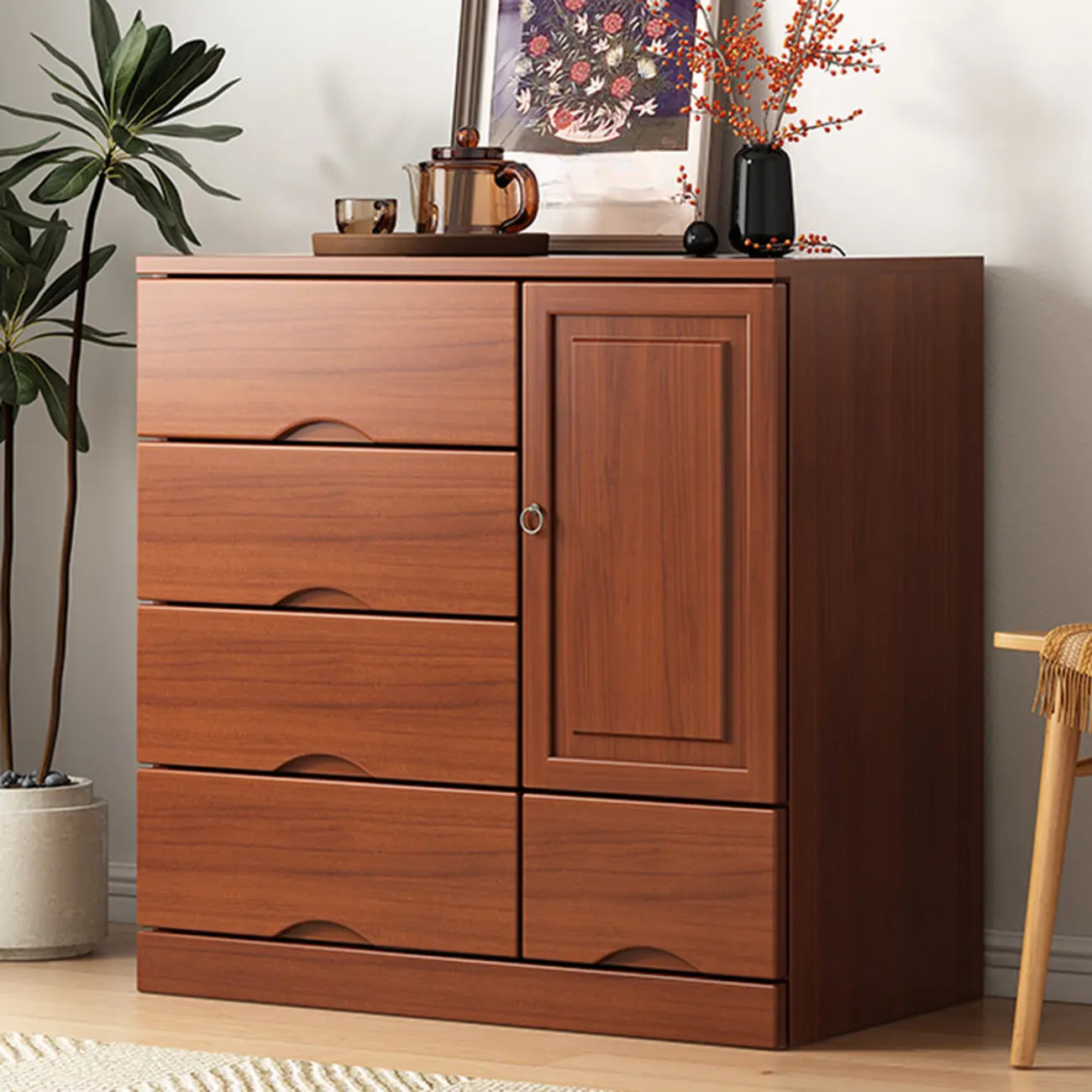 Commode industrielle en bois massif à 5 tiroirs pour chambre à coucher